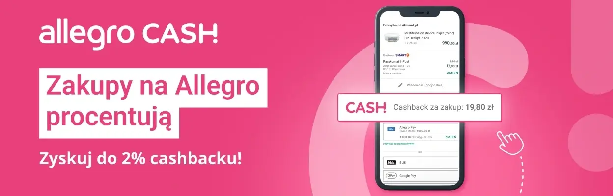 Różowy banner reklamujący usługę Allegro Cash